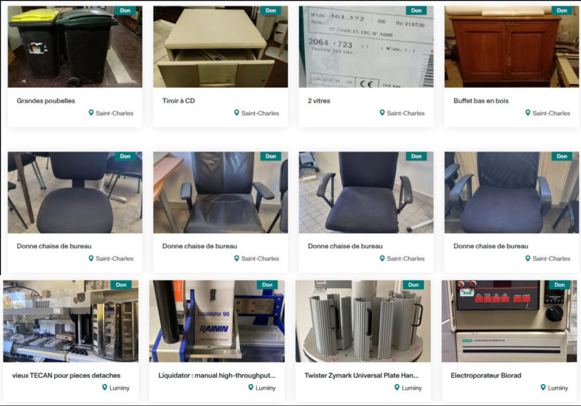 Des chaises, des tables, de l’instrumentation scientifique, des consommables de laboratoire : façon « Le Bon Coin », la plateforme Troc’amU rassemble les petites annonces de matériels disponibles au prêt et au don. © Capture d'écran